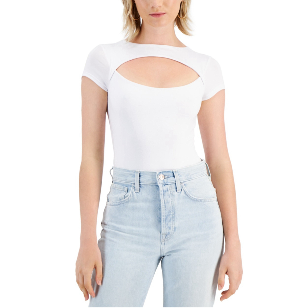 Just Polly Women's Extra Small White Knit Cutout Short Sleeve Thong Bodysuit NWT